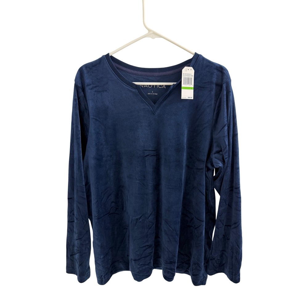 Nautica Mens Velour Pajama Top Navy Blue Long Sleeve V-Notch Neck Large NWT